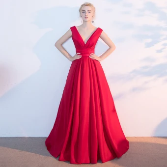 Chic Beautiful Red Evening Dresses 2017 A Line Princess V Neck Crossed Straps Backless Sleeveless Floor Length Long Evening Party