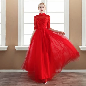 Chic Belle Rouge Robe De Soirée 2017 Princesse En Dentelle Fleur Appliques Perlage Col Haut Dos Nu Bretelles Croisées 3 4 Manches Longue Soirée