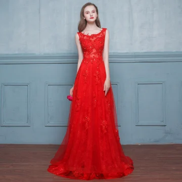 Chic Beautiful Red Evening Dresses 2017 A Line Princess Appliques Lace Flower Beading Sequins Scoop Neck Crossed Straps Backless Sleeveless Sweep Train Evening Party