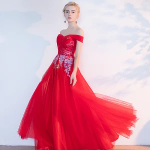 Chic Beautiful Red Evening Dresses 2017 A Line Princess Appliques Beading Backless Crossed Straps Off The Shoulder Sleeveless Floor Length Long Evening Party