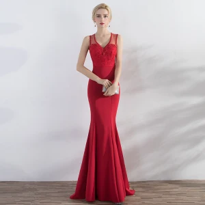 Chic Belle Rouge Robe De Soirée 2017 Trompette Sirène En Dentelle Perlage Paillettes V Cou Fermeture Éclair Sur Le Côté Sans Manches Longue Soirée