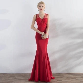 Chic Belle Rouge Robe De Soirée 2017 Trompette Sirène En Dentelle Perlage Paillettes V Cou Fermeture Éclair Sur Le Côté Sans Manches Longue Soirée