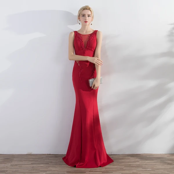 Chic / Beautiful Red Evening Dresses 2017 Trumpet / Mermaid Beading Scoop Neck Zipper Up Backless Sleeveless Floor-Length / Long Evening Party
