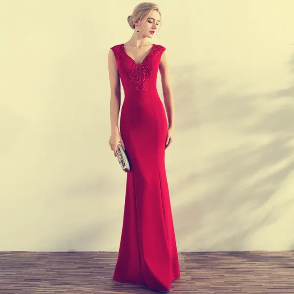 Chic / Beautiful Red Evening Dresses 2017 Trumpet / Mermaid Beading Sequins V-Neck Zipper Up Sleeveless Floor-Length / Long Evening Party