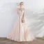 Elegant Pearl Pink Evening Dresses  2017 A-Line / Princess Artificial Flowers Pearl Bow Scoop Neck Crossed Straps Backless Sleeveless Court Train Evening Party