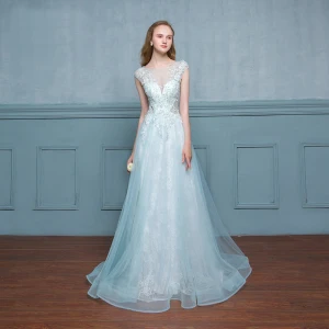 Chic Beautiful Pool Blue Evening Dresses 2017 A Line Princess Lace Sequins Flower Scoop Neck Zipper Up Sleeveless Floor Length Long Evening Party