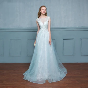 Chic Belle Bleu Robe De Soirée 2017 Princesse En Dentelle Paillettes Fleur Encolure Dégagée Fermeture Éclair Sans Manches Longue Soirée