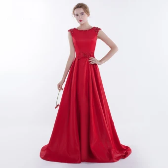 Chic Belle Rouge Robe De Soirée 2017 Princesse Perlage Noeud Dos Nu Encolure Dégagée Bretelles Croisées Sans Manches Train De Balayage Soirée