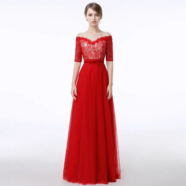 Chic / Beautiful Red Evening Dresses  2017 A-Line / Princess Lace Bow Sequins Scoop Neck Backless Zipper Up 1/2 Sleeves Floor-Length / Long Evening Party