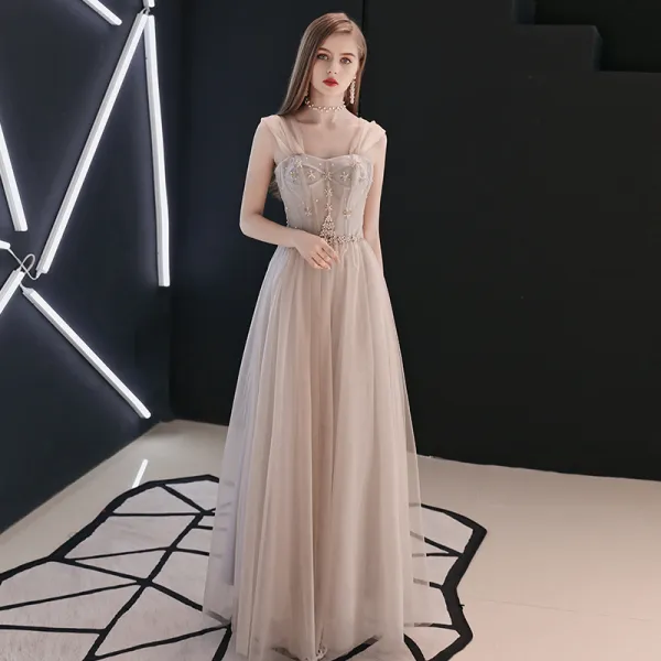 Charming Champagne Evening Dresses  2018 A-Line / Princess Crystal Off-The-Shoulder Backless Sleeveless Floor-Length / Long Formal Dresses