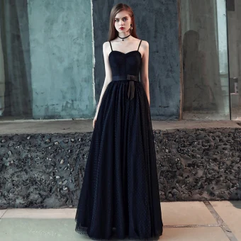 Chic Belle Noire Robe De Bal 2018 Princesse Noeud Tachetée Bretelles Spaghetti Dos Nu Sans Manches Longue Robe De Ceremonie