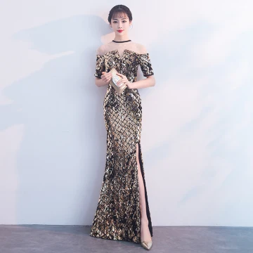 Sparkly Black Gold Evening Dresses 2018 Trumpet Mermaid Sequins Rhinestone Scoop Neck Short Sleeve Floor Length Long Formal Dresses