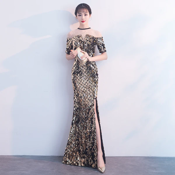 Sparkly Black Gold Evening Dresses 2018 Trumpet / Mermaid Sequins Rhinestone Scoop Neck Short Sleeve Floor-Length / Long Formal Dresses