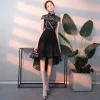 Chic / Beautiful Black Cocktail Dresses 2018 A-Line / Princess Appliques High Neck Short Sleeve Asymmetrical Formal Dresses