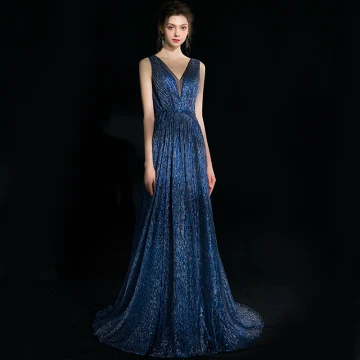 Élégant Bleu Marine Robe De Soirée 2018 Princesse Glitter V Cou Dos Nu Sans Manches Train De Balayage Robe De Ceremonie