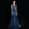 Elegant Navy Blue Evening Dresses  2018 A-Line / Princess Glitter V-Neck Backless Sleeveless Sweep Train Formal Dresses