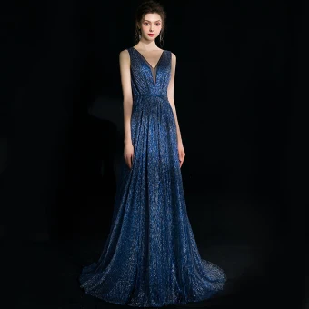 Elegante Donkerblauwe Avondjurken 2018 A Lijn Glans V Hals Ruglooze Mouwloos Sweep Trein Gelegenheid Jurken