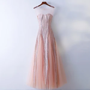 Chic Belle Perle Rose Robe De Bal 2017 Princesse Paillettes Dentelle Encolure Dégagée Dos Nu Sans Manches Longue Promo