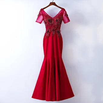 Chic Belle Rouge Robe De Soirée 2017 Trompette Sirène En Dentelle Fleur Perlage Paillettes V Cou Dos Nu Manches Courtes Longueur Cheville Soirée