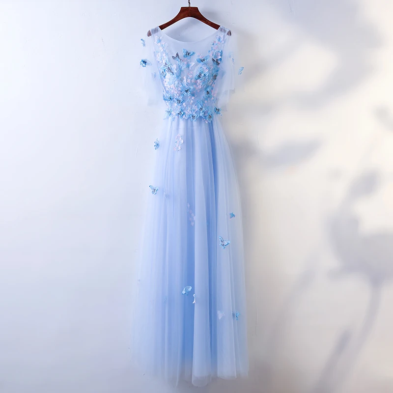 Chic / Beautiful Sky Blue Evening Dresses 2017 A-Line / Princess Butterfly  Lace Flower Scoop Neck Backless Short Sleeve Ankle Length Evening Party
