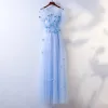 Hermoso Azul Cielo Vestidos de noche 2017 A-Line / Princess mariposa Con Encaje Flor Scoop Escote Sin Espalda Manga Corta La altura del tobillo Noche