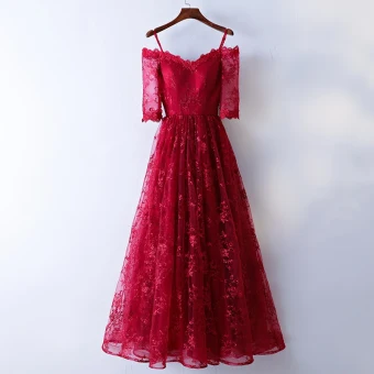 Chic Belle Rouge Robe De Soirée 2017 Princesse Dentelle Fleur Bretelles Spaghetti Bustier Dos Nu 1 2 Manches Longueur Cheville Soirée