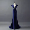 Amazing / Unique Evening Dresses  2017 Trumpet / Mermaid Backless Bow Strapless Lace Up V-Neck Short Sleeve Court Train Evening Party