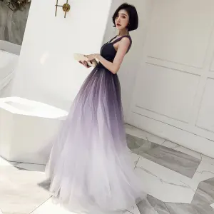 Chic Belle Grape Dégradé De Couleur Robe De Bal 2018 Princesse Encolure Carrée Sans Manches Dos Nu Longue Robe De Ceremonie