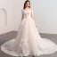Luxury / Gorgeous Champagne Wedding Dresses 2018 A-Line / Princess Appliques Lace Beading Pearl Off-The-Shoulder Backless Short Sleeve Cathedral Train Wedding