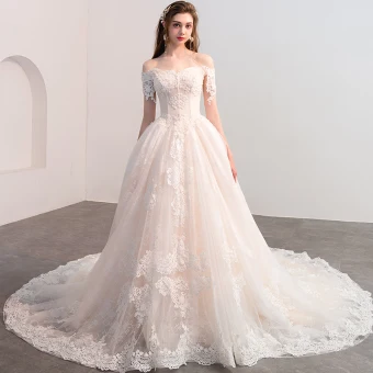 Luxus Herrlich Champagner Brautkleider Hochzeitskleider 2018 A Linie Applikationen Spitze Perlenstickerei Perle Off Shoulder Rückenfreies Kurze Ärmel Kathedrale Schleppe Hochzeit