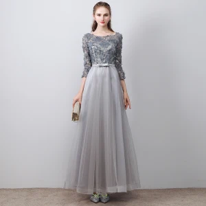 Chic Beautiful Grey Evening Dresses 2017 A Line Princess Lace Appliques Bow Backless Scoop Neck 3 4 Sleeve Ankle Length Formal Dresses