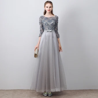 Chic Beautiful Grey Evening Dresses 2017 A Line Princess Lace Appliques Bow Backless Scoop Neck 3 4 Sleeve Ankle Length Formal Dresses