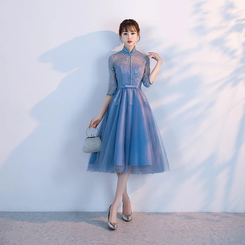 Chic / Beautiful Ocean Blue Prom Dresses 2017 A-Line / Princess Beading Lace Sequins Bow High Neck 1/2 Sleeves Short Formal Dresses