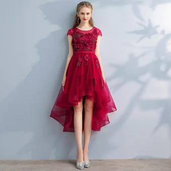 Chic Belle Rouge Robe De Bal 2017 Princesse Dentelle Perlage Appliques Perle Encolure Dégagée Manches Courtes Asymétrique Robe De Ceremonie
