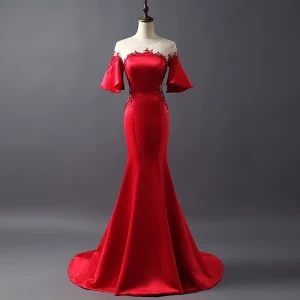 Luxe Robe De Soirée 2017 Trompette Sirène Cristal En Dentelle Fleur Paillettes Encolure Dégagée Manches Courtes Train De Balayage Soirée