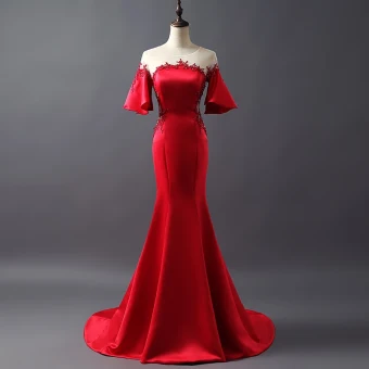 Luxe Robe De Soirée 2017 Trompette Sirène Cristal En Dentelle Fleur Paillettes Encolure Dégagée Manches Courtes Train De Balayage Soirée