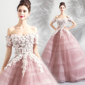 Elegant Blushing Pink Prom Dresses 2018 Ball Gown Lace Flower Appliques Pearl Sequins Off The Shoulder Backless Short Sleeve Floor Length Long Formal Dresses