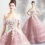 Elegant Blushing Pink Prom Dresses 2018 Ball Gown Lace Flower Appliques Pearl Sequins Off-The-Shoulder Backless Short Sleeve Floor-Length / Long Formal Dresses