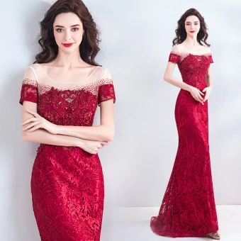 Luxe Bordeaux Avondjurken 2018 Trompet Zeemeermin Kralen Kristal Rhinestone Parel Kant Bloem Ronde Hals Ruglooze Korte Mouwen Lange Gelegenheid Jurken