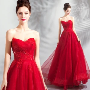 Charming Red Prom Dresses 2018 A Line Princess Beading Crystal Sequins Lace Flower Strapless Backless Sleeveless Floor Length Long Formal Dresses