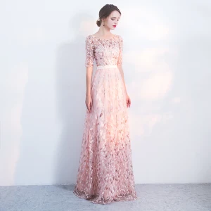 Chic Belle Robe De Soirée 2017 Princesse En Dentelle Paillettes Ceinture Encolure Dégagée 1 2 Manches Longue Robe De Ceremonie