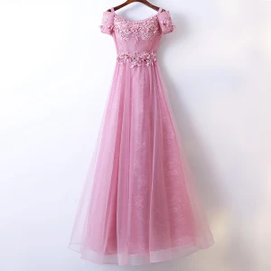 Chic Beautiful Candy Pink Bridesmaid Dresses 2017 A Line Princess Lace Flower Beading Scoop Neck Short Sleeve Ankle Length Wedding Party Dresses