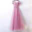 Chic / Beautiful Candy Pink Bridesmaid Dresses 2017 A-Line / Princess Lace Flower Beading Scoop Neck Short Sleeve Ankle Length Wedding Party Dresses