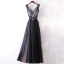 Chic / Belle Noire Robe De Soirée 2017 Princesse Dentelle Perlage Cristal V-Cou Dos Nu Sans Manches Robe De Ceremonie