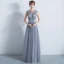 Chic / Beautiful Silver Formal Dresses 2017 A-Line / Princess Lace Flower Bow Scoop Neck Backless Sleeveless Floor-Length / Long Evening Dresses