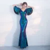 Chic / Beautiful Ink Blue Formal Dresses 2017 Trumpet / Mermaid Sequins V-Neck Backless 1/2 Sleeves Floor-Length / Long Evening Dresses