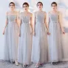 Chic / Beautiful Grape Bridesmaid Dresses 2017 A-Line / Princess Lace Flower Bow V-Neck Backless Ankle Length Bridesmaid Wedding Party Dresses