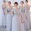 Chic / Beautiful Sky Blue Bridesmaid Dresses 2017 A-Line / Princess Crossed Straps Lace Flower Bow Backless Ankle Length Bridesmaid Wedding Party Dresses