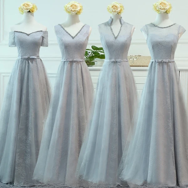 Fine Grå Brudepikekjoler 2017 Prinsesse Blonder Sløyfe Ryggløse Ankel Lengde Brudepike Kjoler Til Bryllup