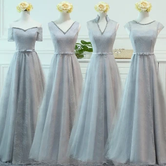 Chic Beautiful Grey Bridesmaid Dresses 2017 A Line Princess Lace Bow Backless Ankle Length Bridesmaid Wedding Party Dresses